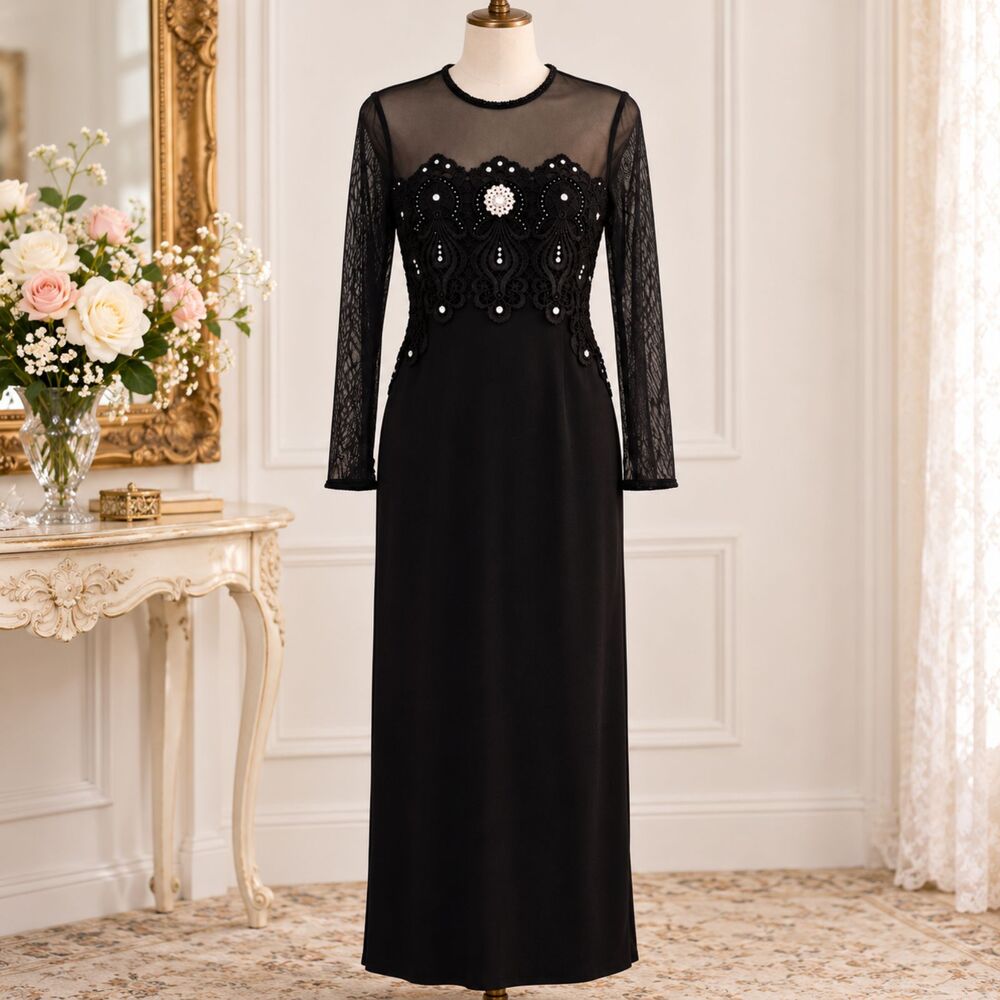 Vintage Jessica McClintock Black Lace Rhinestone LBD Dress Size 12 Bust 36"